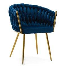 Krzesło tapicerowane z przeplatanym oparciem ROSA GOLD niebieskie złote nóżki do jadalni salonu