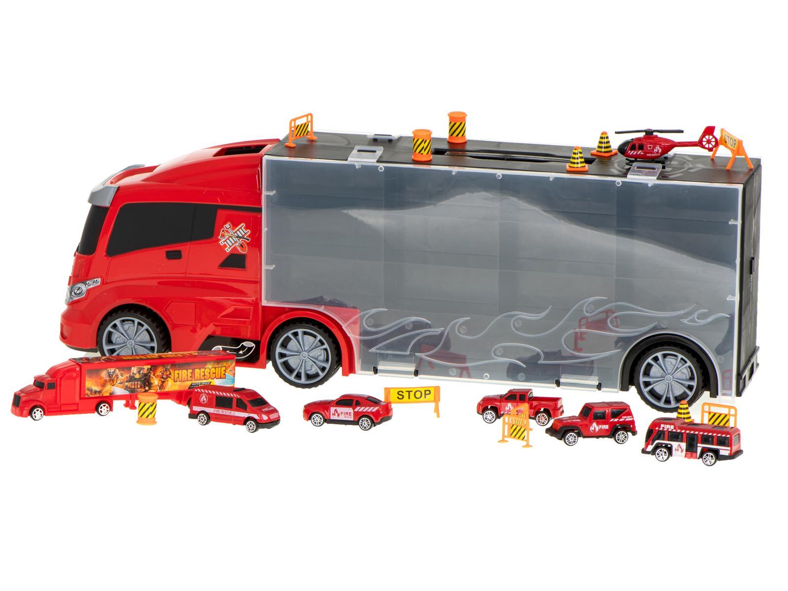 Transporter ciężarówka TIR wyrzutnia w walizce + 7 aut 13 luków straż pożarna zabawka dla dzieci 57x11x19,5cm  9 Full Screen
