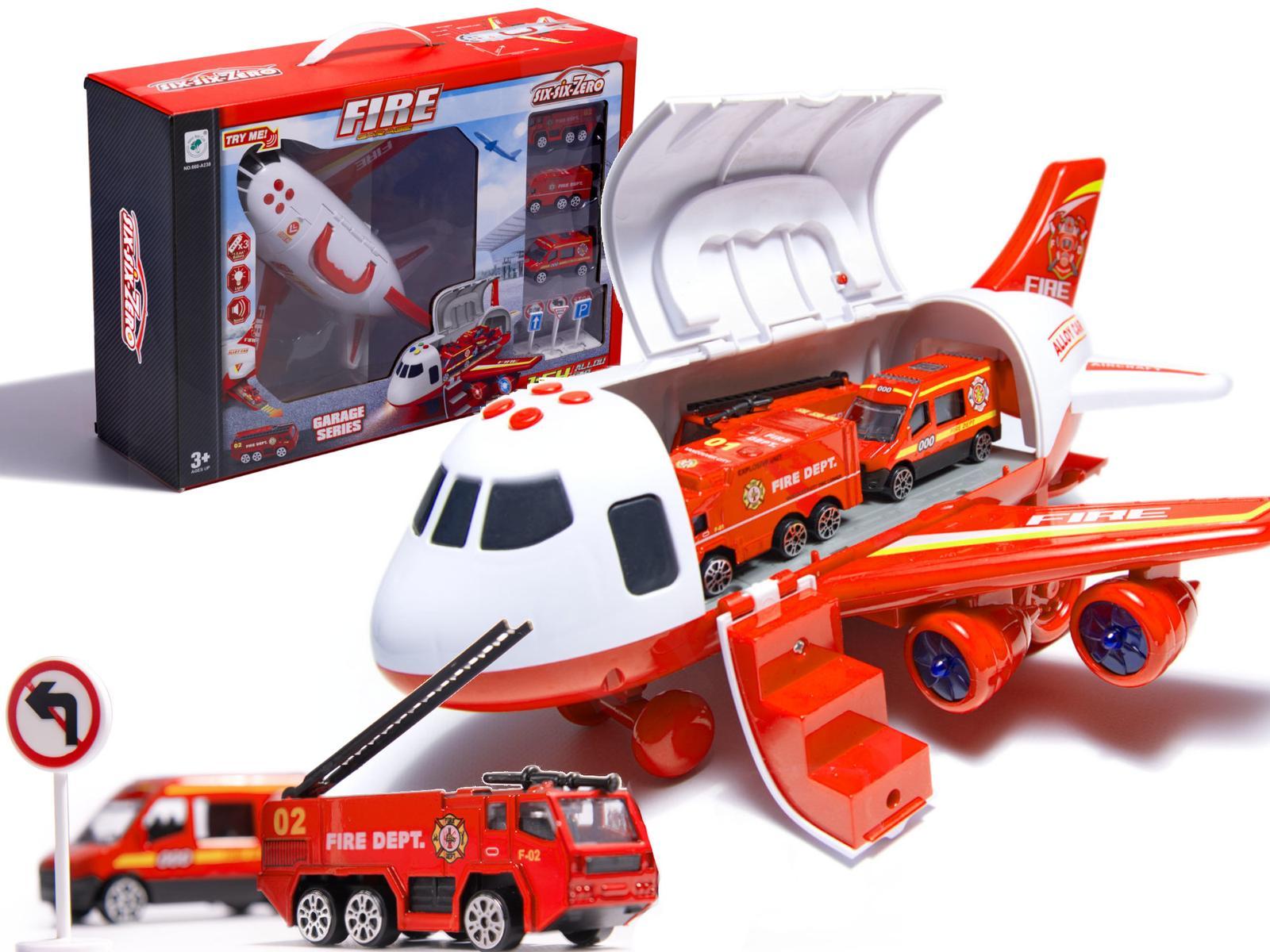 Transporter samolot + 3 pojazdy straż pożarna zabawka dla dzieci czerwona 41,5x31,5x14 cm nr. 1