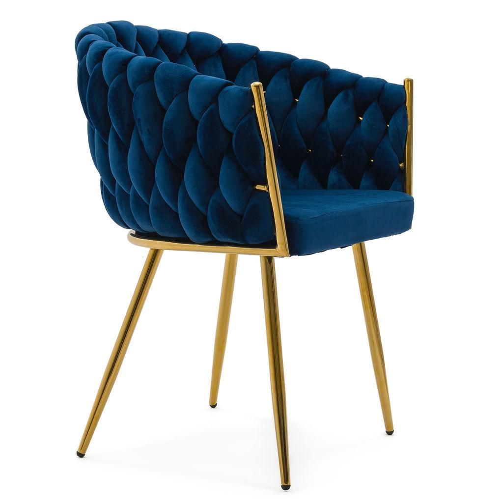 Krzesło tapicerowane z przeplatanym oparciem ROSA GOLD niebieskie złote nóżki do jadalni salonu 3 Full Screen