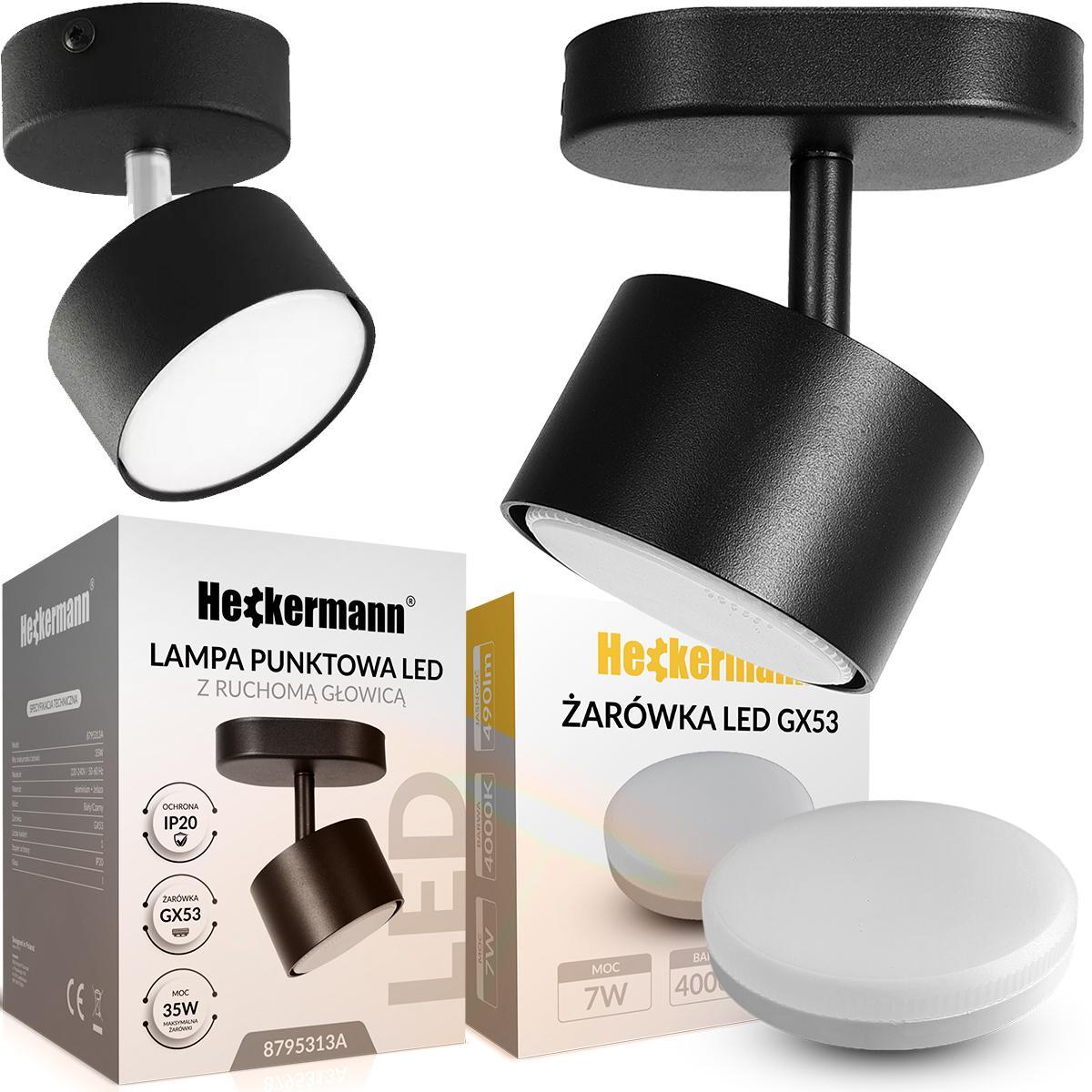 Lampa sufitowa punktowa LED Heckermann 8795313A Czarna 1x głowica + 1x Żarówka LED GX53 7W Neutral 0 Full Screen