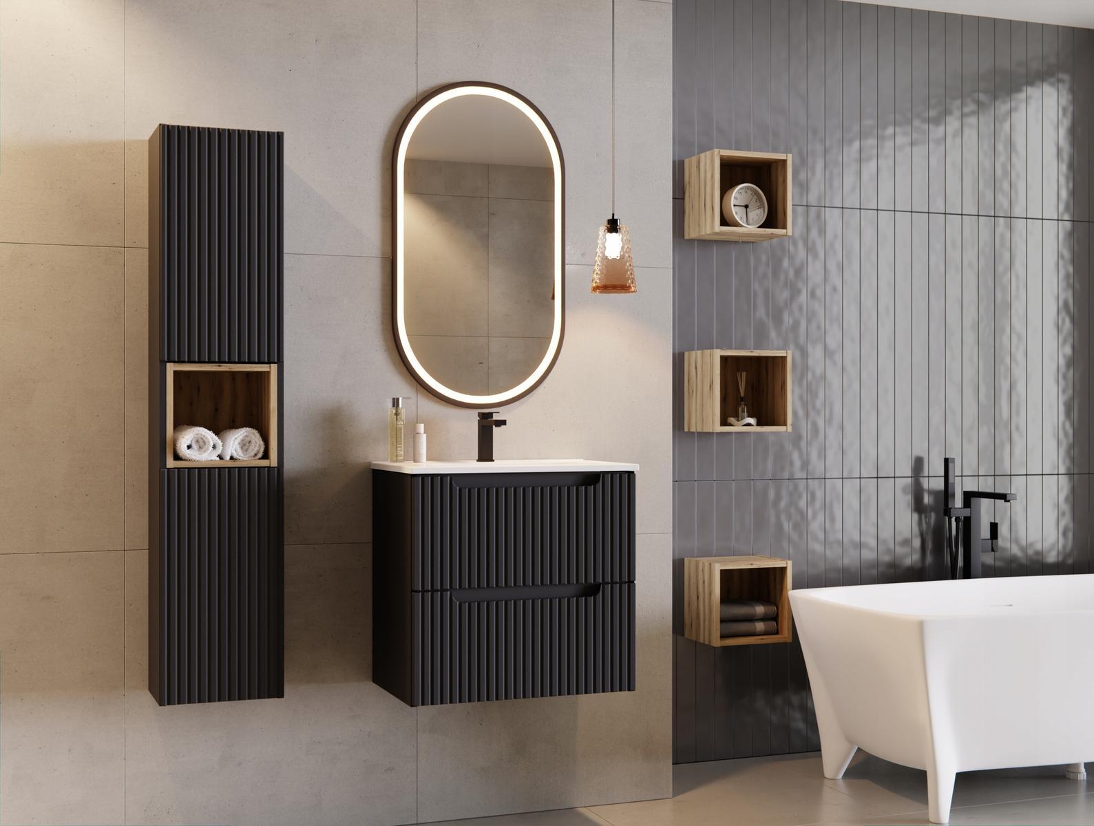 Szafka pod umywalkę NOVA 80x39 cm czarna wisząca ryflowane fronty 2 szuflady do łazienki  9 Full Screen