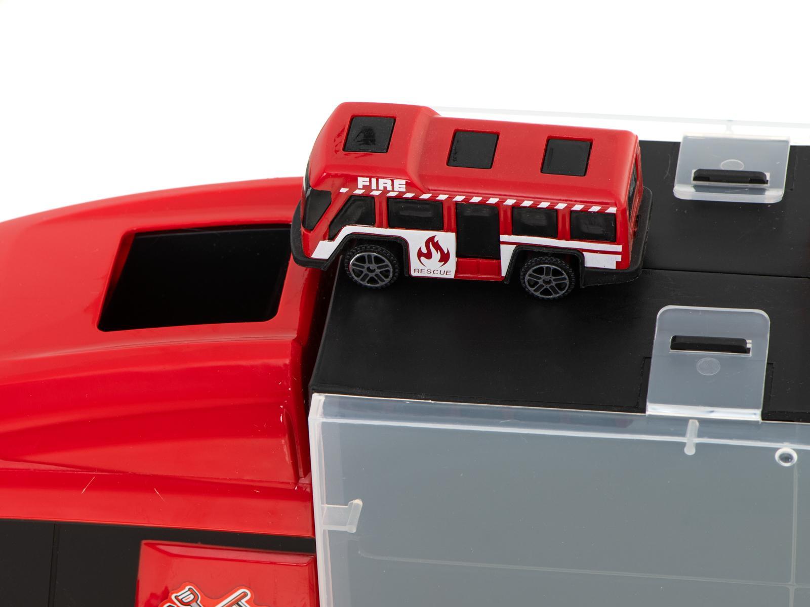 Transporter ciężarówka TIR wyrzutnia w walizce + 7 aut 13 luków straż pożarna zabawka dla dzieci 57x11x19,5cm  7 Full Screen