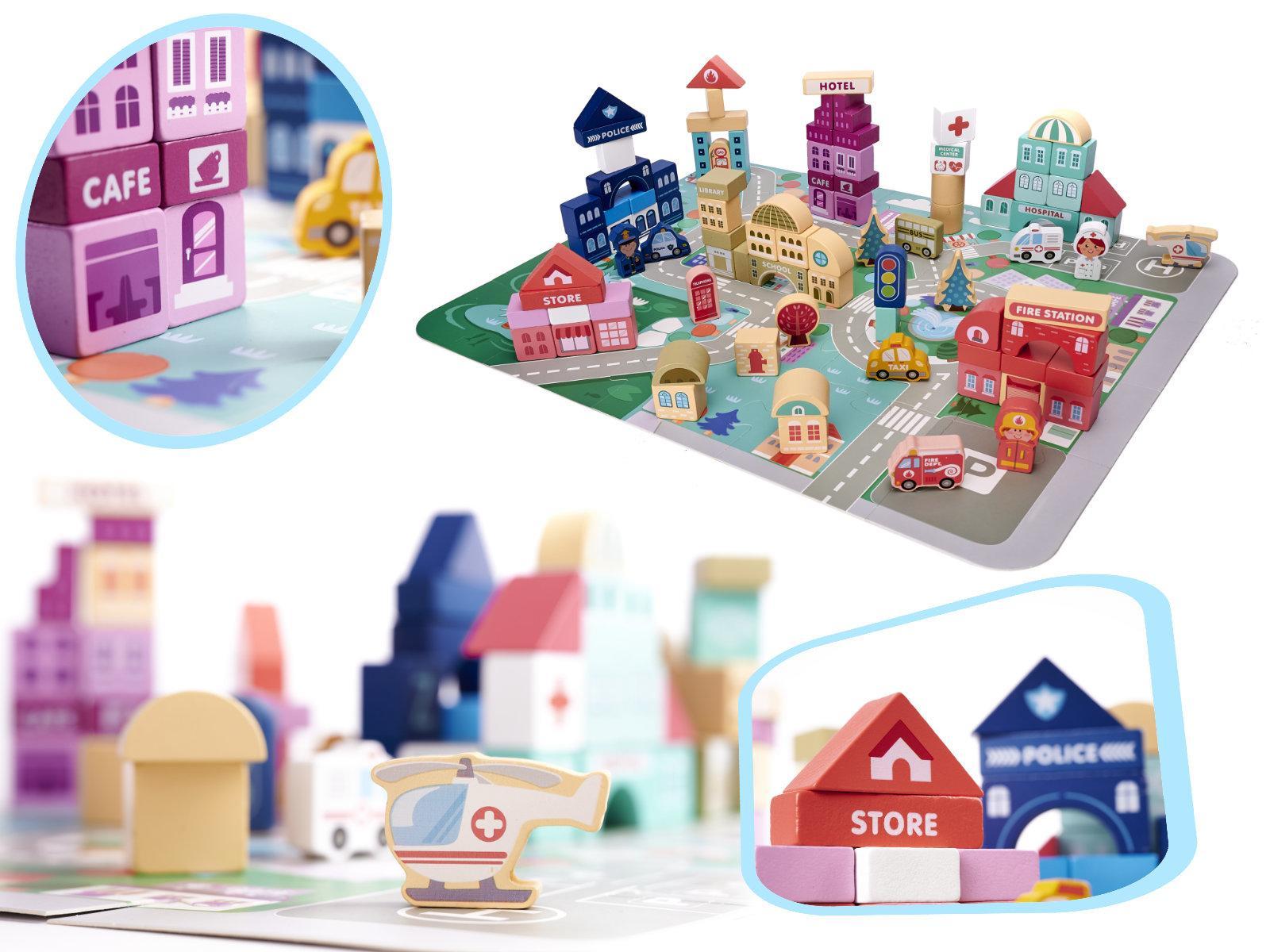 Klocki drewniane edukacyjne miasto puzzle 100 elementów zabawka dla dzieci 55x42x2,5 cm 7 Full Screen