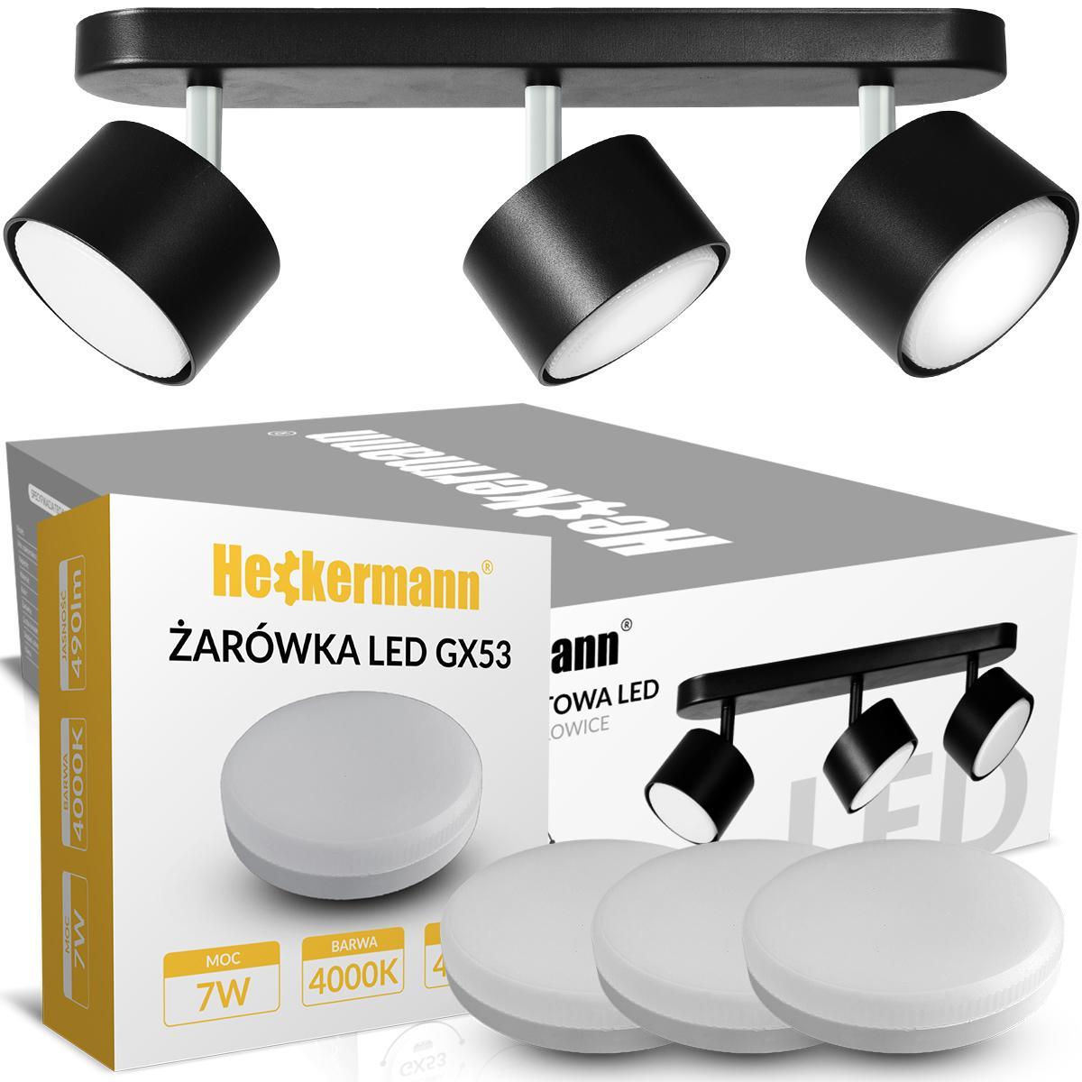 Lampa sufitowa punktowa LED Heckermann 8795316A Czarna 3x głowica + 3x Żarówka LED HGX53 7W Neutral 0 Full Screen