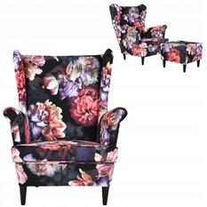 Fotel uszak z podnóżkiem kwiaty na ciemnym tle - Miniaturka zdjęcia nr 1