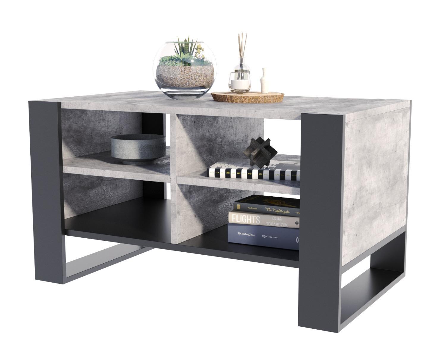 Ława Figa 100x53,6x50 cm beton czarny z pólkami elegancki stolik kawowy do salonu  nr. 2