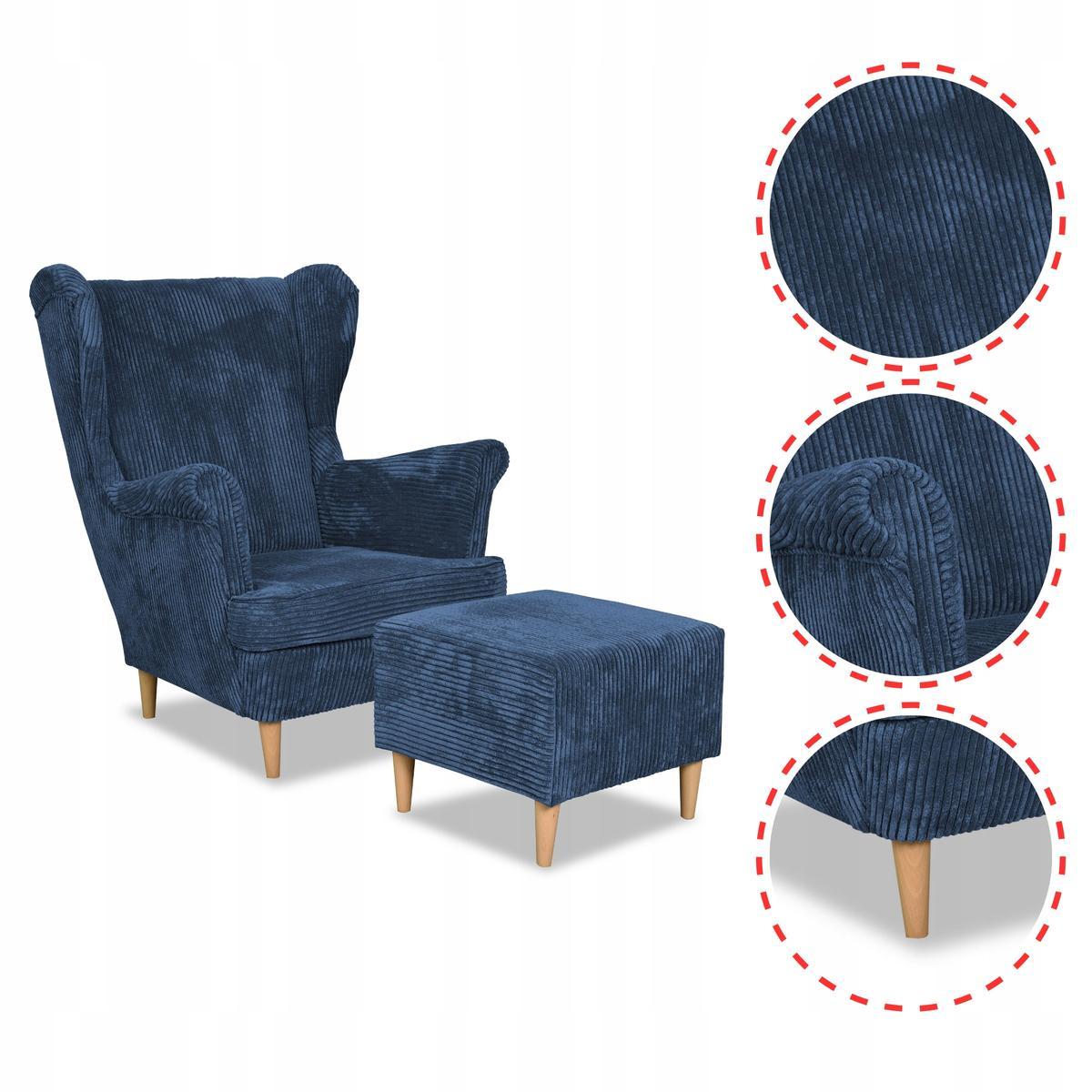 Fotel uszak z podnóżkiem Bonito sztruks niebieski nr. 4