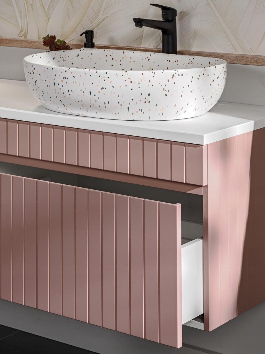 Szafka pod umywalkę wisząca 60 cm ICONIC ROSE pudrowy róż z blatem dąb frezowana do łazienki  nr. 6