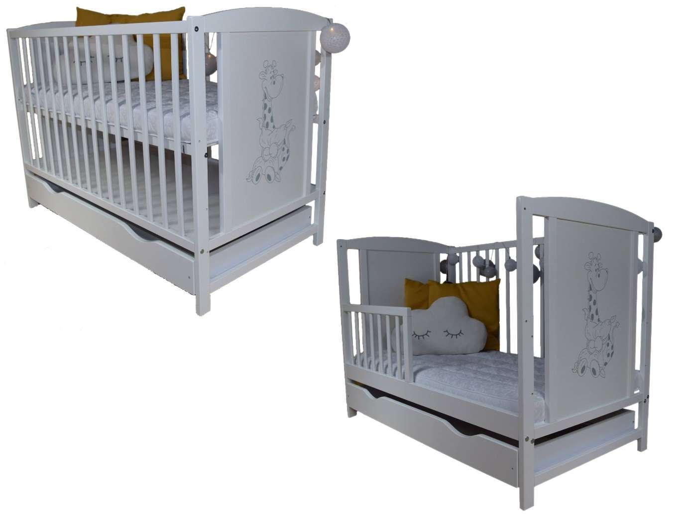 Łóżeczko dla niemowląt BAJKA 120x60 cm z szufladą wyjmowane szczebelki 3 poziomy żyrafa białe 0 Full Screen