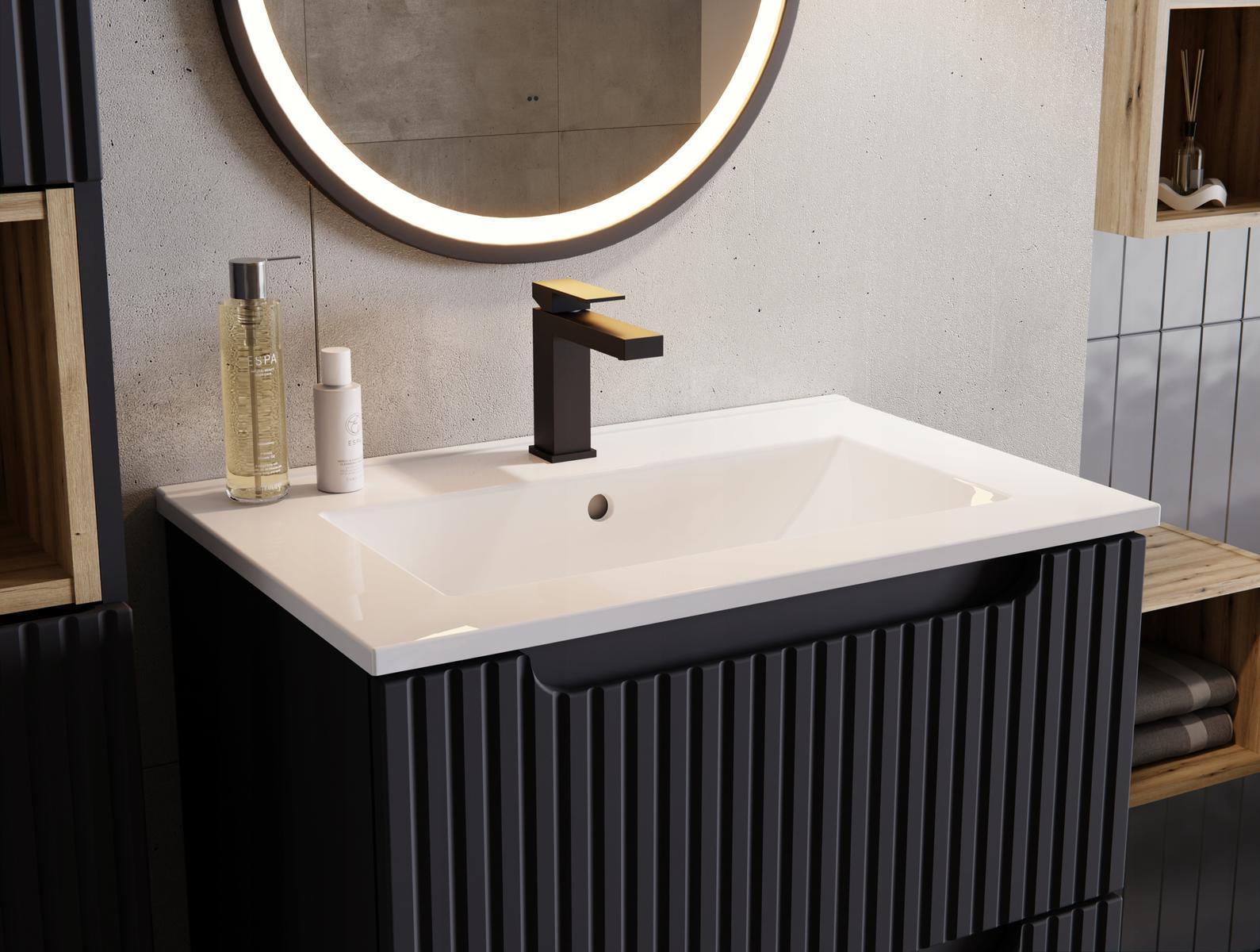 Szafka pod umywalkę NOVA 80x39 cm czarna wisząca ryflowane fronty 2 szuflady do łazienki  5 Full Screen