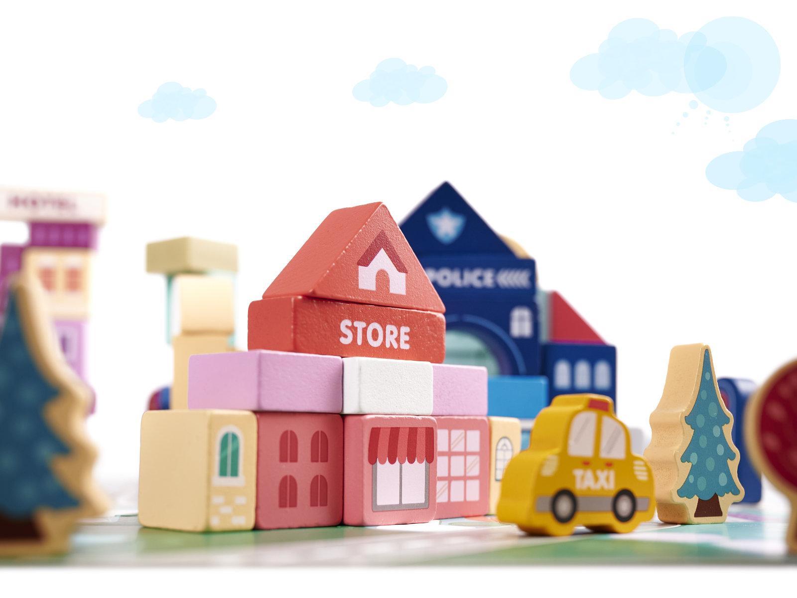 Klocki drewniane edukacyjne miasto puzzle 100 elementów zabawka dla dzieci 55x42x2,5 cm 9 Full Screen