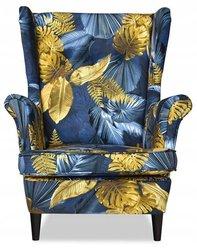 Fotel Uszak ARI 84x92x104 cm z podnóżkiem niebieski złote liście do salonu - Miniaturka zdjęcia nr 2