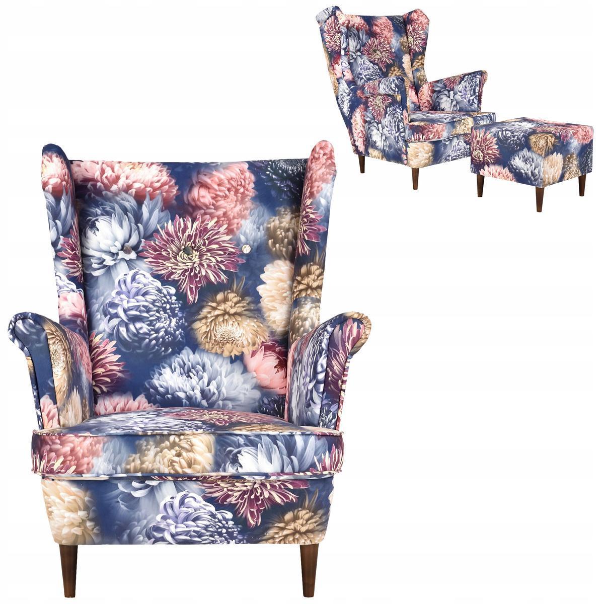 Fotel uszak z podnóżkiem pastelowe kwiaty kolorowy nr. 1