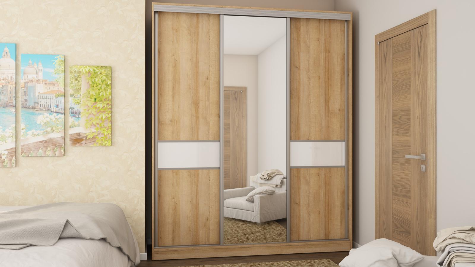 Szafa przesuwna 3-drzwiowa z lustrem do sypialni dąb riva/biały połysk  190x230x64 cm nr. 1