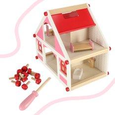 Domek dla lalek drewniany różowy montessori mebelki akcesoria dla dziewczynki 39x36x26 cm - Miniaturka zdjęcia nr 3