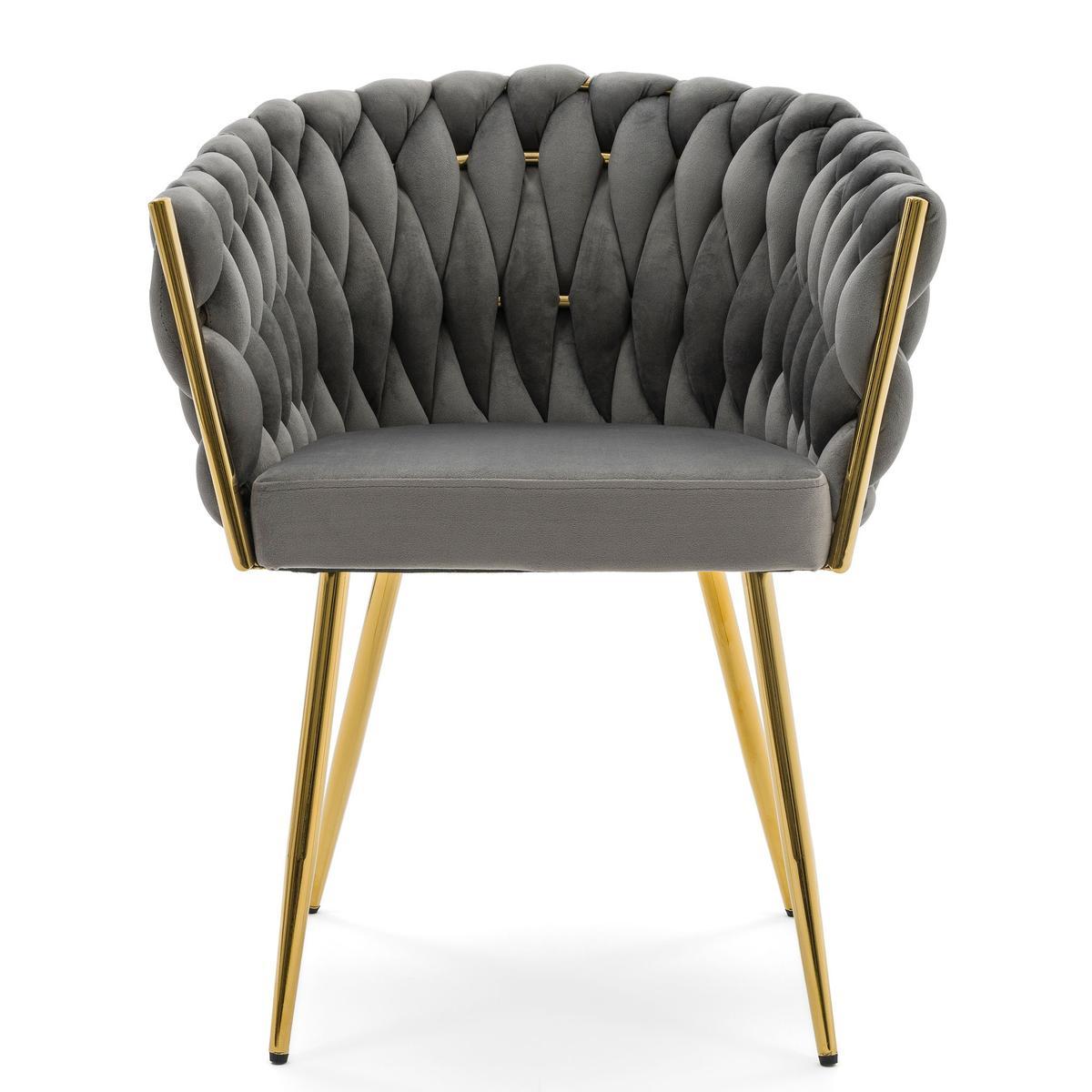 Krzesło tapicerowane z przeplatanym oparciem ROSA GOLD szare złote nóżki do jadalni salonu 1 Full Screen