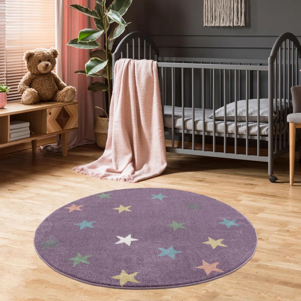 Dywan dziecięcy okrągły Violet Stars Round 160 cm do pokoju dziecięcego fioletowy w gwiazdki nr. 1