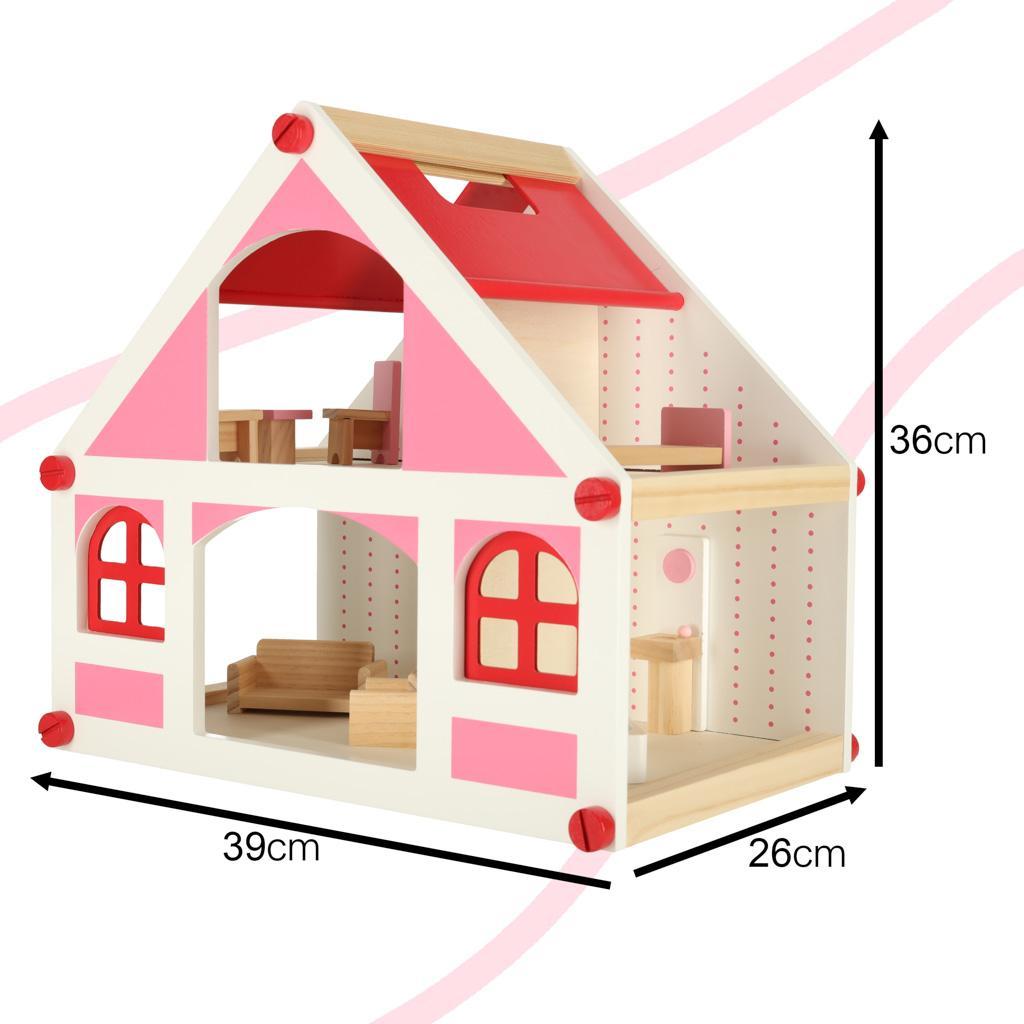 Domek dla lalek drewniany różowy montessori mebelki akcesoria dla dziewczynki 39x36x26 cm nr. 5
