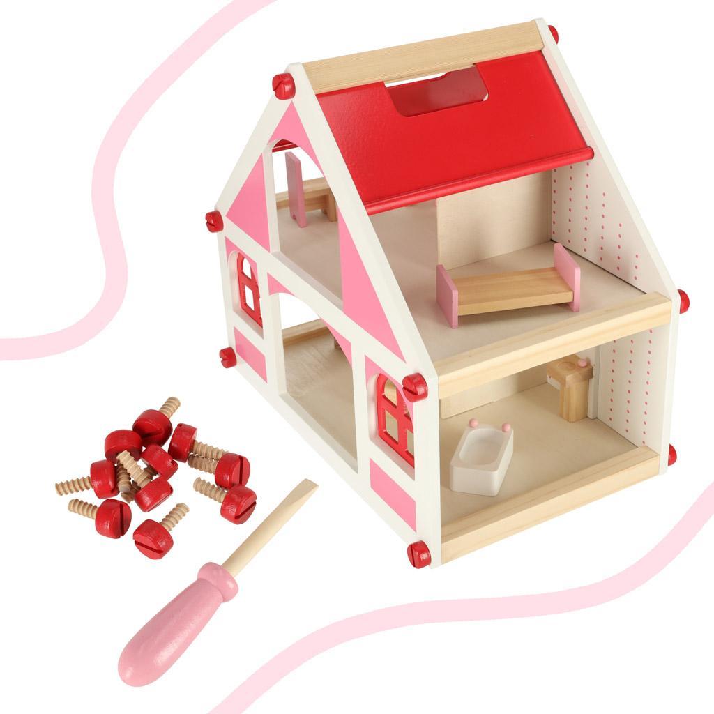 Domek dla lalek drewniany różowy montessori mebelki akcesoria dla dziewczynki 39x36x26 cm nr. 3