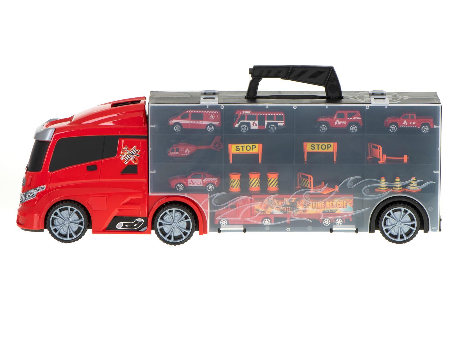 Transporter ciężarówka TIR wyrzutnia w walizce + 7 aut 13 luków straż pożarna zabawka dla dzieci 57x11x19,5cm  2 Full Screen