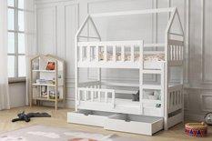 Łóżko piętrowe DOMEK białe drewniane 2 osobowe + 2 materace 180x75 gratis do pokoju dziecka 