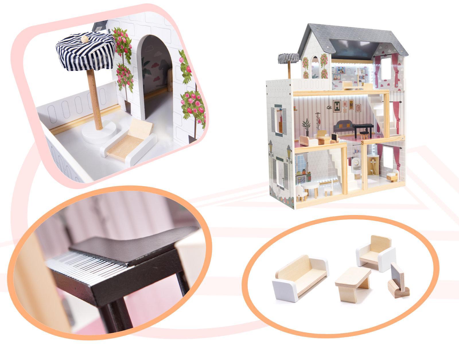 Drewniany domek dla lalek z mebelkami zabawka dla dziewczynki akcesoria MDF LED czarny 62x78x27 cm nr. 15