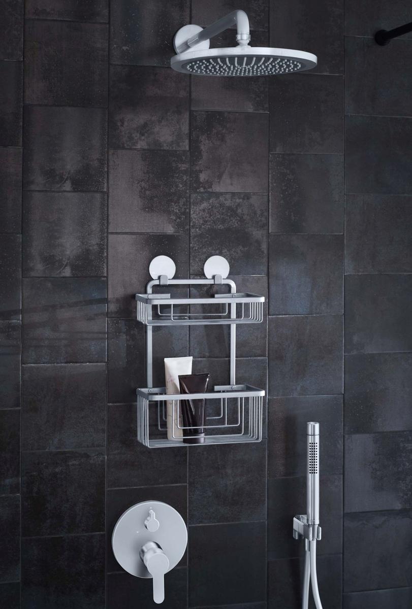 Podwójny kosz łazienkowy Kleine Wolke Rocco zawieszka pod prysznic prostokątny srebrny bez wiercenia 26x36x14 cm 1 Full Screen