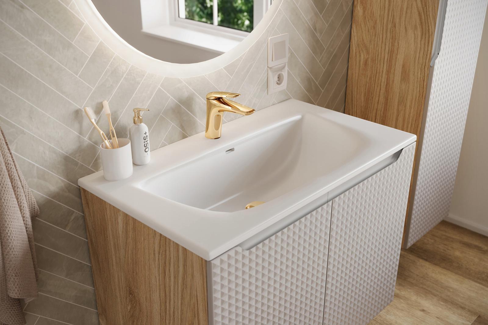 Szafka łazienkowa LUXOR 60 cm pod umywalkę wisząca szuflady fronty MDF dąb/beżowy do łazienki  nr. 9