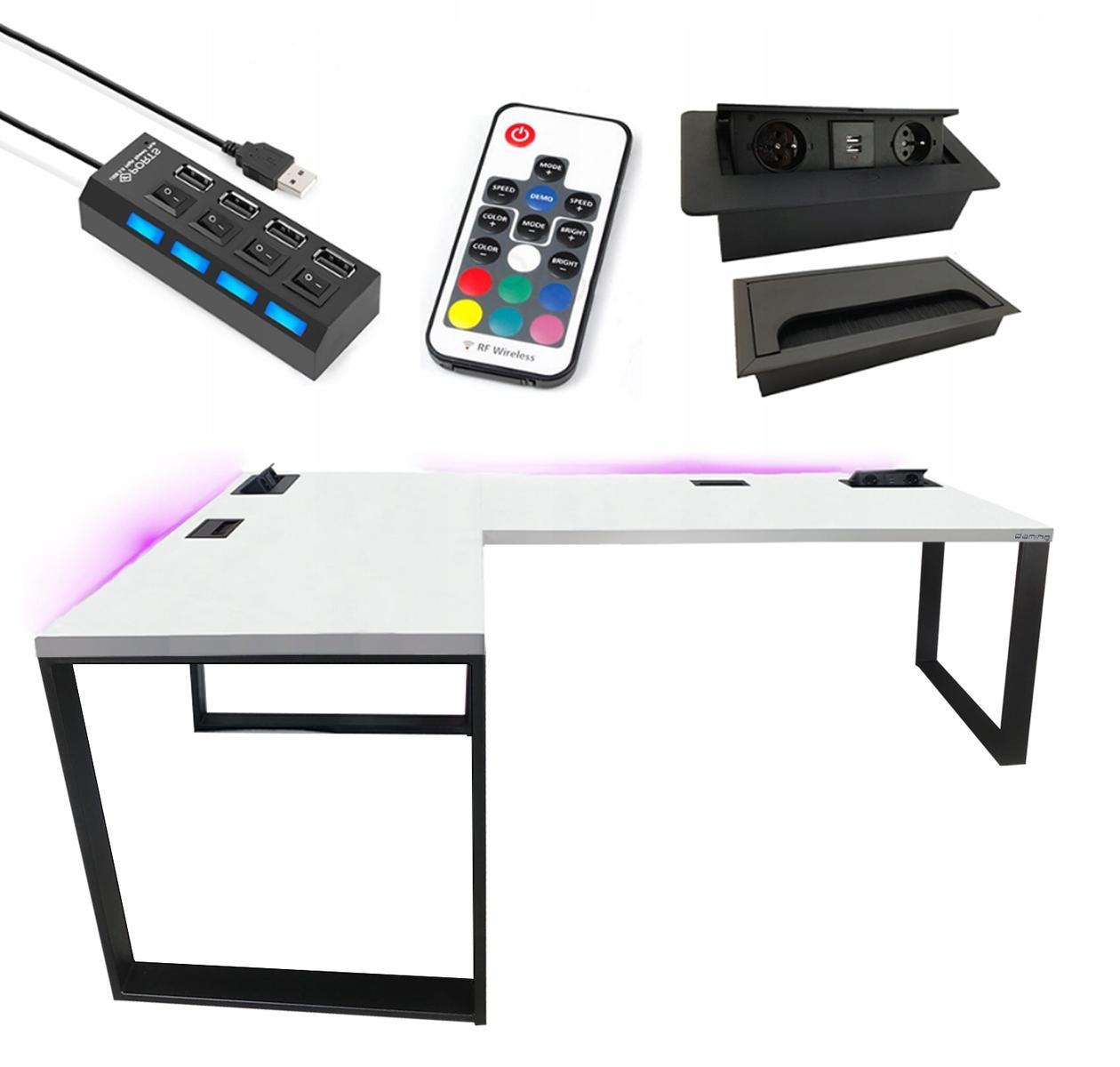 Biurko gamingowe narożne białe LOFT metalowe nogi LED RGB pilot przepust USB dla gracza 180x71x60cm 0 Full Screen