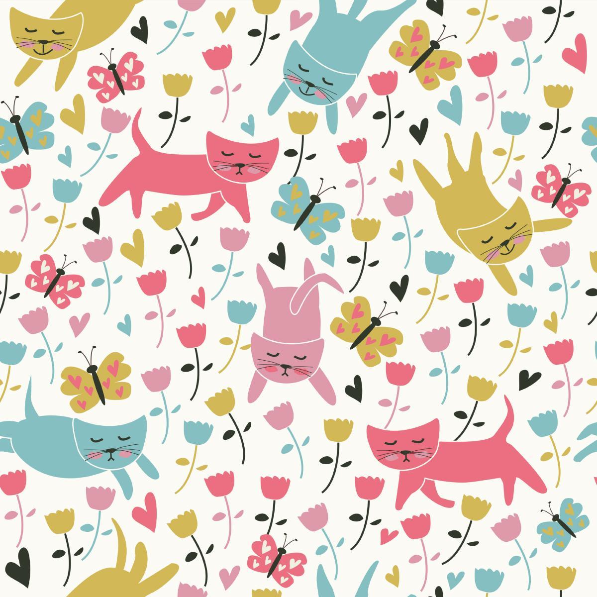Tapeta dla dzieci ZWIERZĄTKA koty kwiaty motyle, nowoczesny styl nr. 1