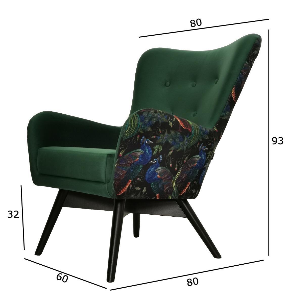 Fotel skandynawski GRANDE 80x93x80 cm zielony we wzory pawie do salonu nr. 5