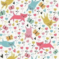 Tapeta dla dzieci ZWIERZĄTKA koty kwiaty motyle, nowoczesny styl