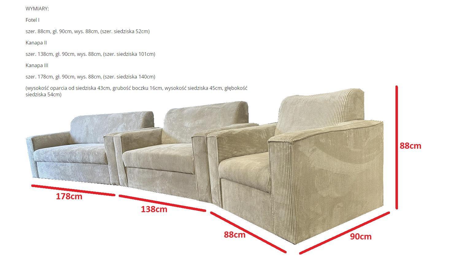 Komplet 2x kanapa/ sofa + fotel zestaw sztruks beżowy wypoczynkowy do salonu 3 elementy nr. 8