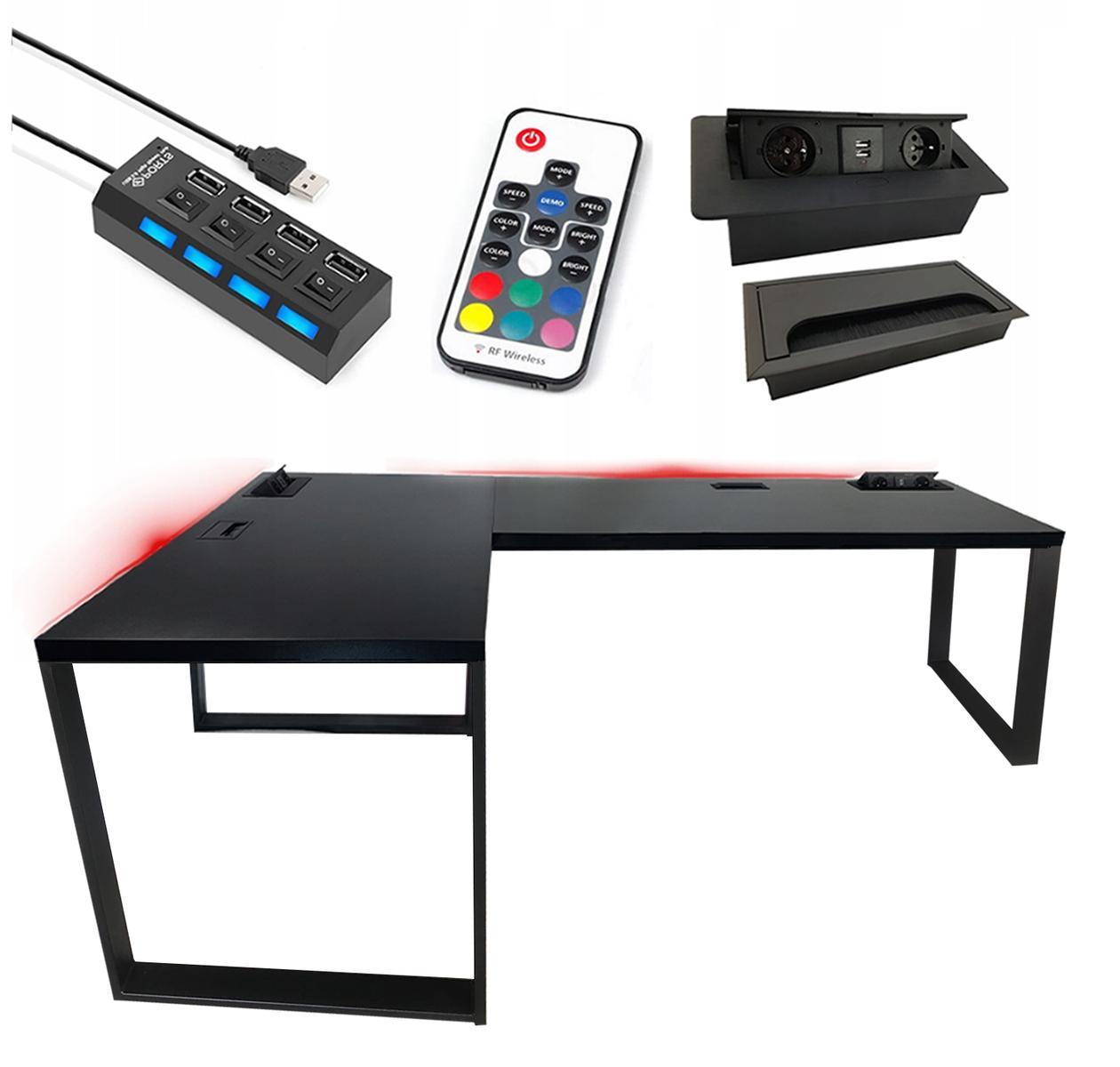 Biurko gamingowe narożne czarne LOFT metalowe nogi LED RGB przepust USB dla gracza 202x66x71cm 0 Full Screen