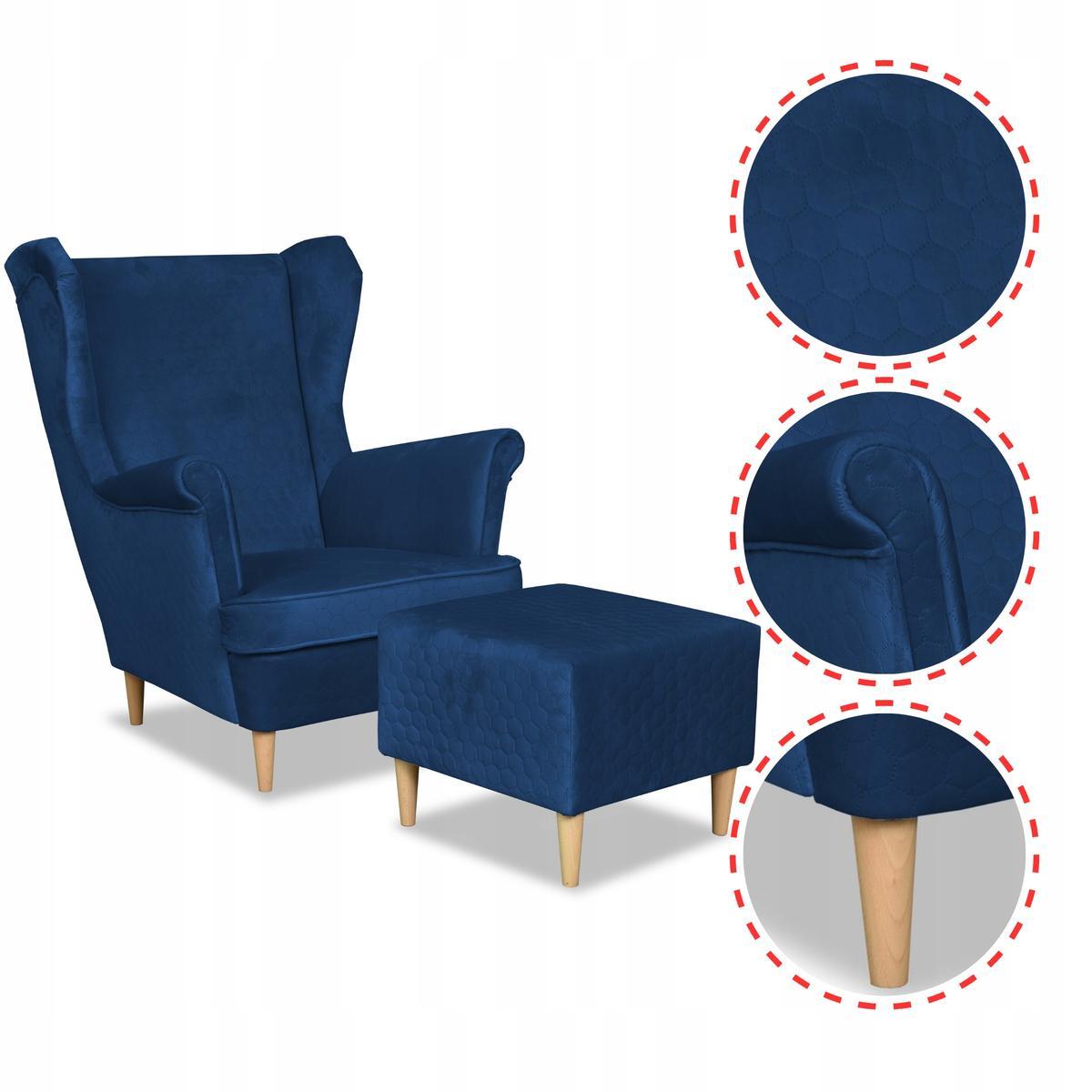 Fotel uszak Angelo z podnóżkiem pikowany niebieski nr. 4
