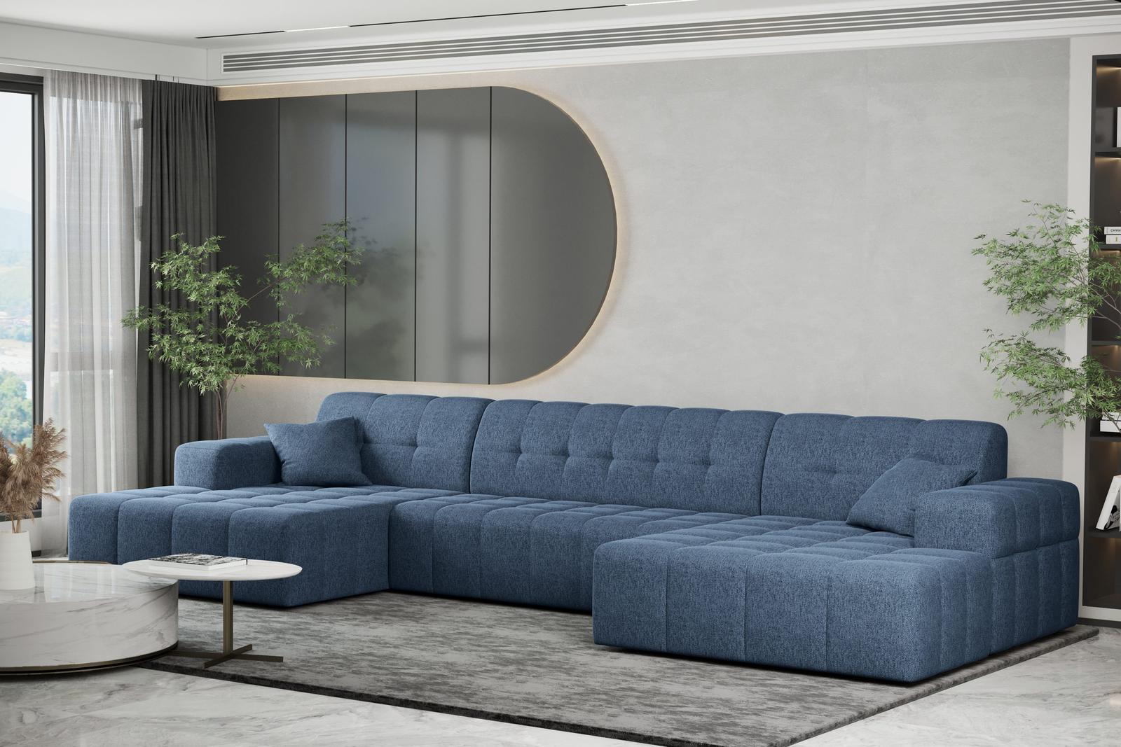 Sofa NIMES 350x82x168 cm bez funkcji spania w kształcie U pikowana do salonu NEVE niebieska 0 Full Screen