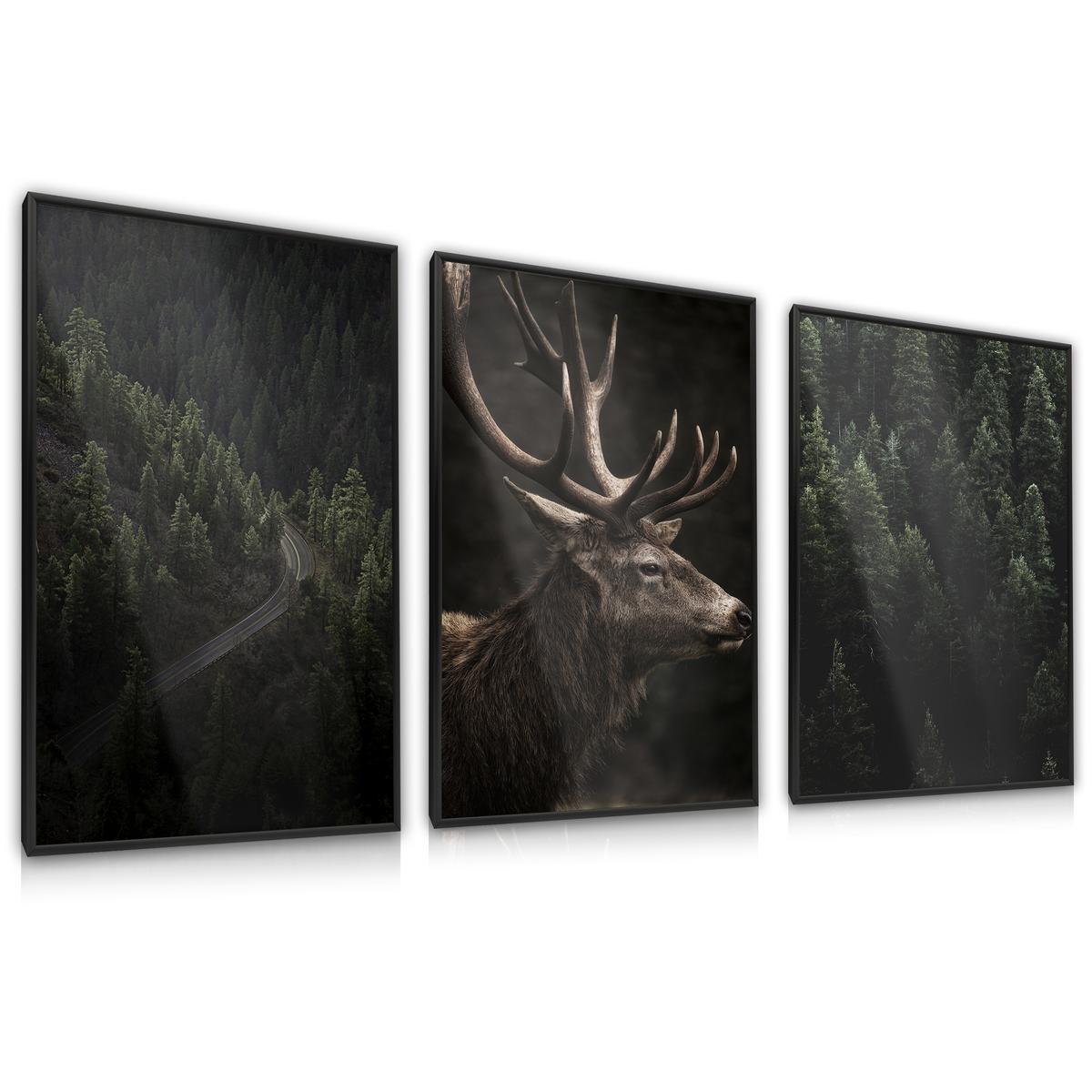 ZESTAW 3x Plakat Ścienny W Ramie JELEŃ Las Krajobrazy Efekt 3D 60x80cm nr. 1