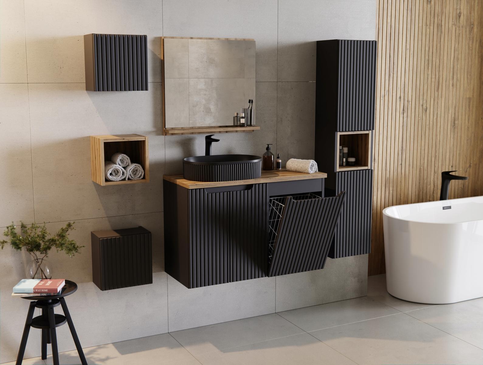Szafka pod umywalkę NOVA 60x39 cm czarna wisząca ryflowane fronty drzwiczki do łazienki  1 Full Screen