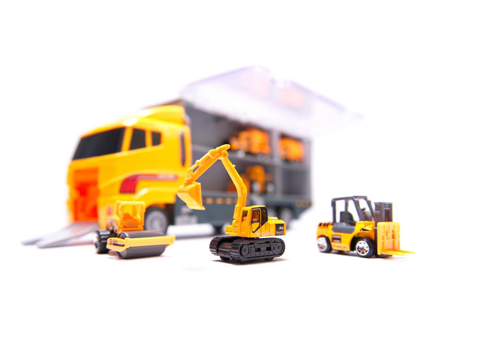 Transporter ciężarówka TIR wyrzutnia + metalowe auta maszyny budowlane zabawka dla dzieci 15x10x36cm 14 Full Screen
