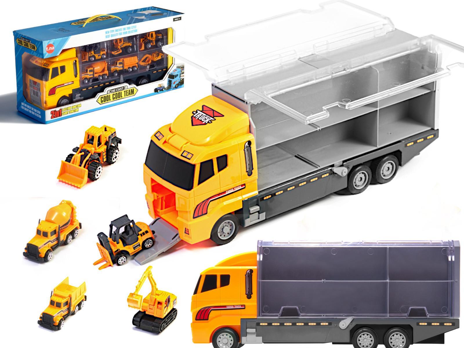 Transporter ciężarówka TIR wyrzutnia + metalowe auta maszyny budowlane zabawka dla dzieci 15x10x36cm nr. 1