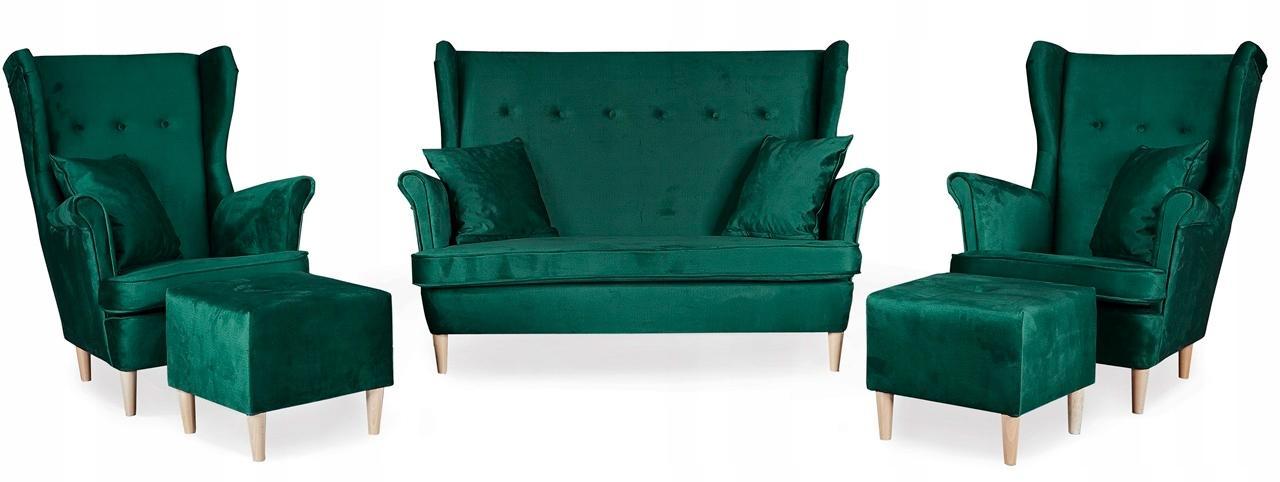 Sofa Uszak + 2 fotele +2 podnóżki butelkowa zieleń nr. 1