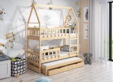 Łóżko piętrowe DOMEK drewno naturalne miejsce do spania dla 3 osób + materace sprężynowe 180x75 cm w zestawie do pokoju dziecka