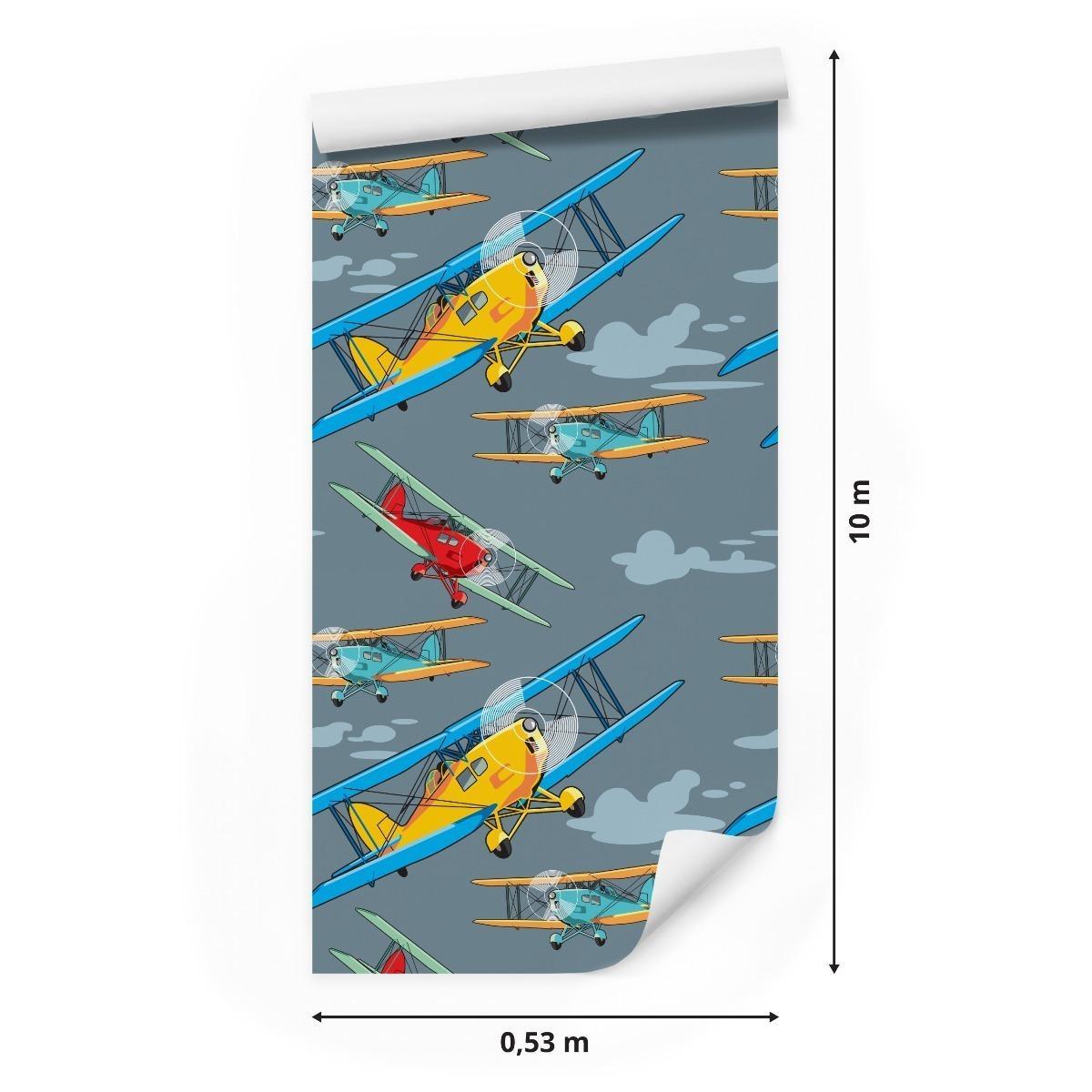 Tapeta dla Dzieci Kolorowe Samoloty Chmury RETRO 2 Full Screen