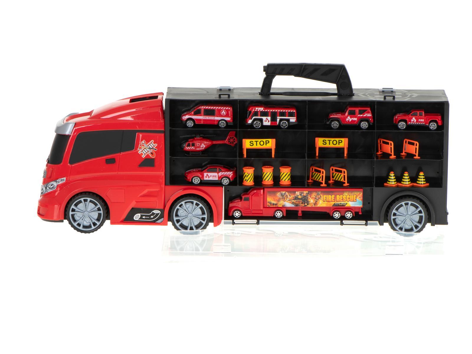 Transporter ciężarówka TIR wyrzutnia w walizce + 7 aut 13 luków straż pożarna zabawka dla dzieci 57x11x19,5cm  3 Full Screen