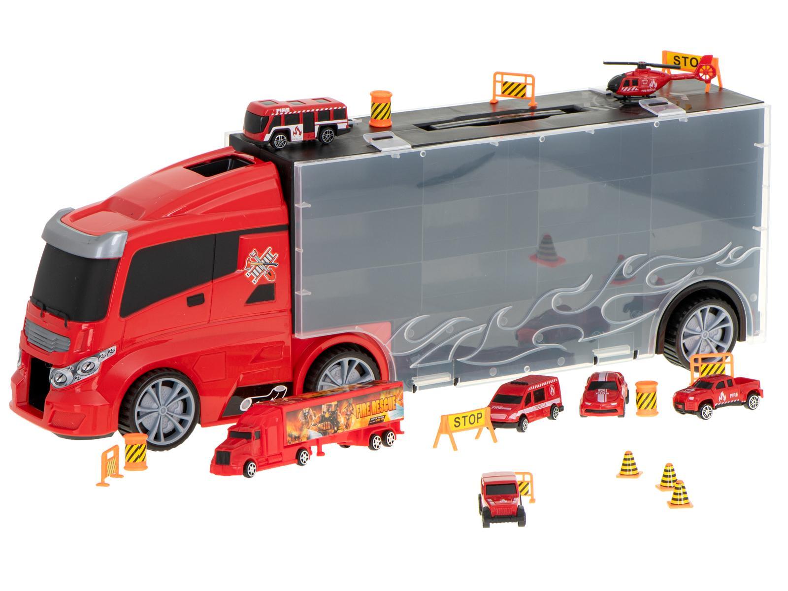 Transporter ciężarówka TIR wyrzutnia w walizce + 7 aut 13 luków straż pożarna zabawka dla dzieci 57x11x19,5cm  5 Full Screen
