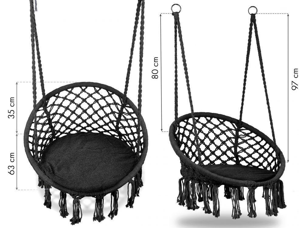 Fotel wiszący Boho huśtawka 80 cm 150 kg ogrodowa z poduszką czarna nr. 4