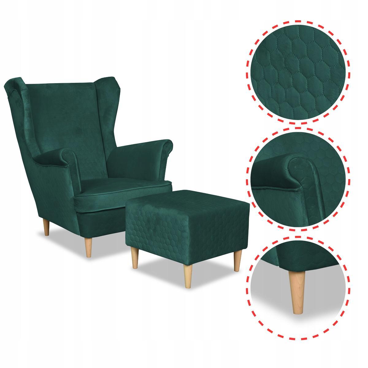 Fotel uszak Angelo z podnóżkiem pikowany zielony 3 Full Screen