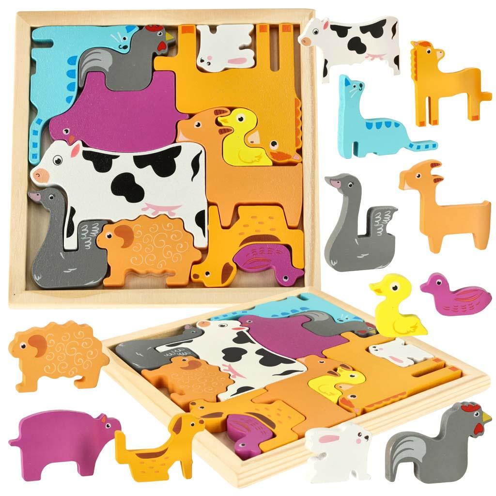 Puzzle układanka edukacyjna drewniana sorter dopasuj kształty dla dzieci zwierzęta 17x17x1 cm 0 Full Screen