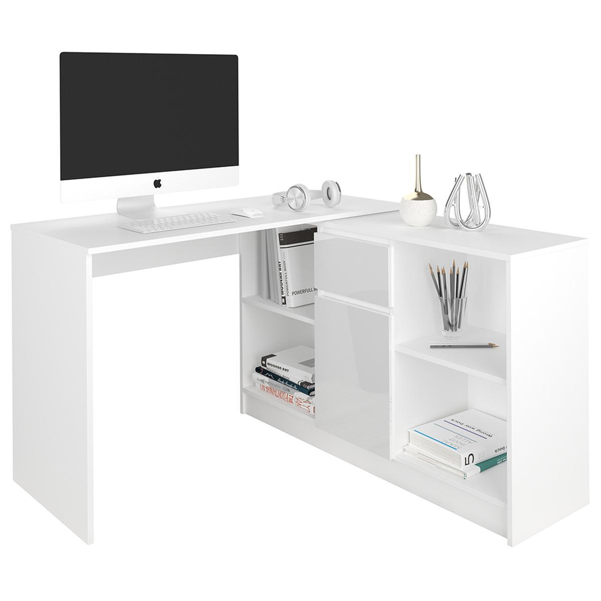 Biurko narożne MODERN 130 cm białe z teksturą z szafką i półkami do biura  0 Full Screen